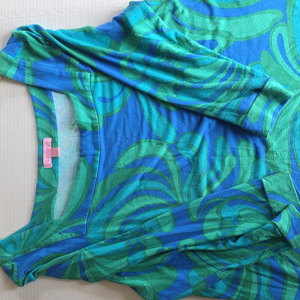 Lilly Pulitzer Blue Green Floral Dress L  3/4 Sleeve Casual Shift Dress - Picture 10 of 13